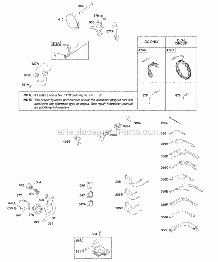 Alternator Ignition Diagram and Parts List for  Briggs and Stratton Engine